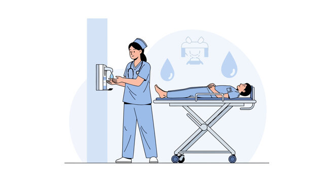 Nurse washing hands next to patient on gurney, symbolizing hygiene, care, and medical procedures in a clean environment.