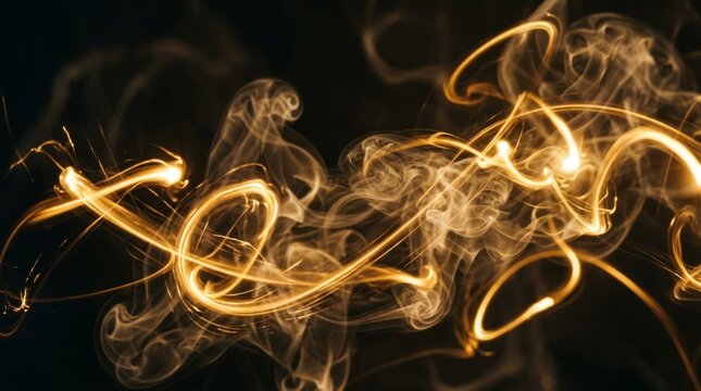 Ethereal golden smoke trails swirling with light against a dark background, creating a magical and abstract effect.