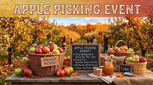 Autumn apple picking event with fresh fruit baskets and cider at a scenic orchard.