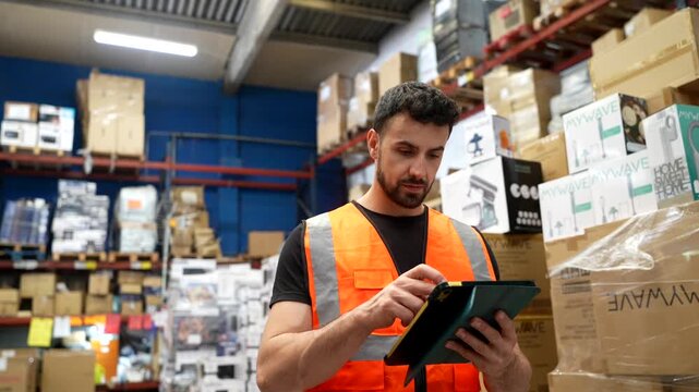 Warehouse worker managing inventory with digital tablet