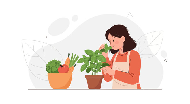 Woman tending to potted basil plant near bowl of fresh vegetables, vector illustration