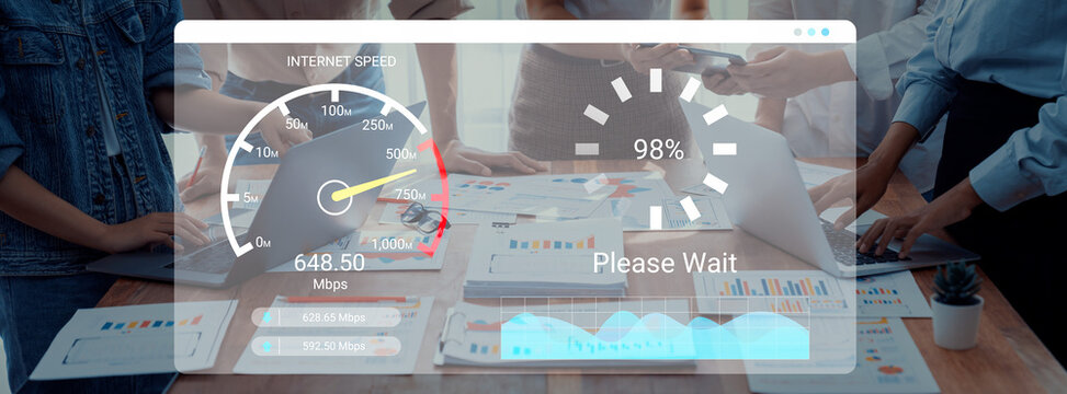 Dynamic visualization of internet speed results showcasing a professional workspace. Perfect for technology presentations and data analysis contexts in modern offices. Ledger