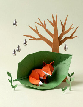 A fox resting from the rain on a rainy day made of origami