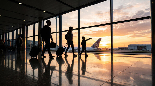 Family walks through airport terminal at sunset heading to their next flight with luggage in tow