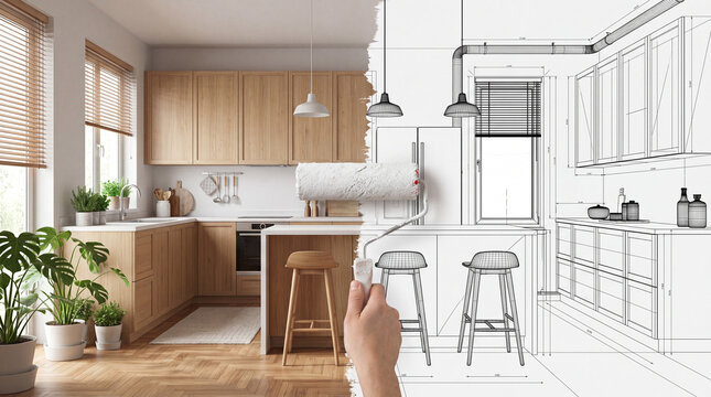 Hand rolls paint in a kitchen showing a mix of modern design and architectural sketch for renovation plans
