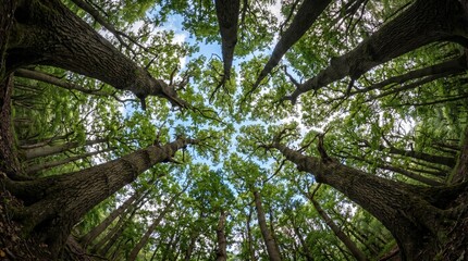 Looking straight up at towering ancient oak trees,  worm's eye view angle from ground looking upward,  tree trunks surrounding the frame,  green leaves filtering soft sunlight,  blue sky visible in pa © StockArt Creator