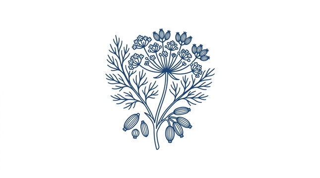 Botanical illustration of a dill plant with seeds and flowers.