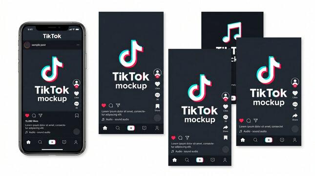 New TikTok interface mockup on smartphone. Social media app feed template with video player icons, like, comment, share buttons. UI/UX design for reels and mobile stories layout profile screen.