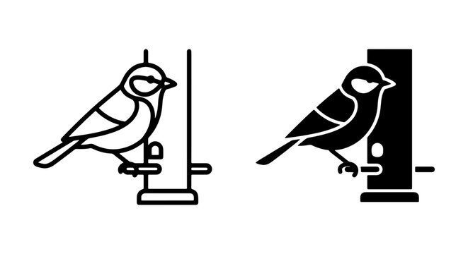 Bird Feeder Icons, Titmouse Perched on Seed Dispenser, Simple Vector Graphics for Wildlife and Nature Themes