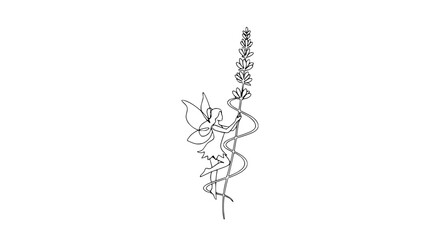 Minimalist Fairy Holding Lavender Flower, Single Line Art, Elegant Outline Illustration © Dodo
