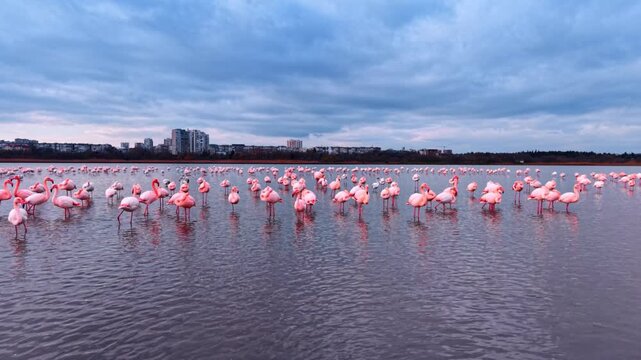 Dense row of flamingos standing before urban skyline. Pink birds in grey rippled water, apartment blocks and autumn trees on horizon.