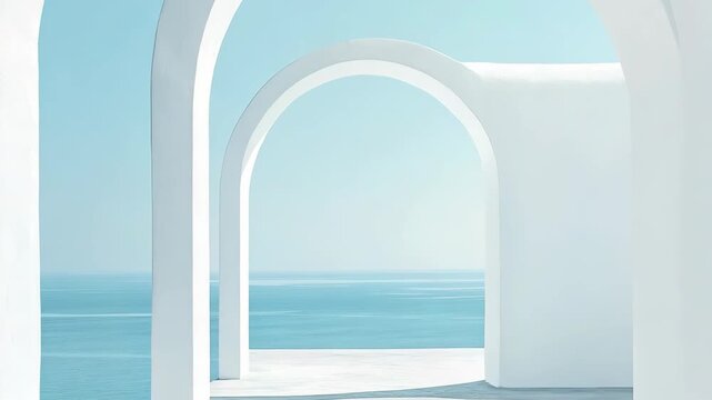 White arches frame the view of the sea and sky in Santorini. The arches show off the bright blue colors during midday. The scene highlights the natural beauty of the area