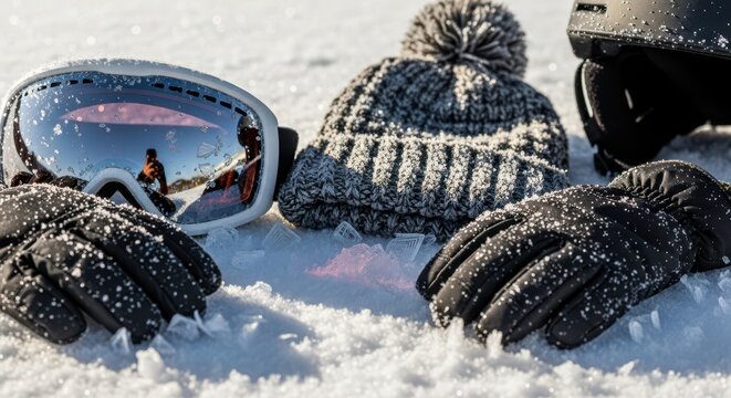 Winter sports gear and goggles on snowy surface
