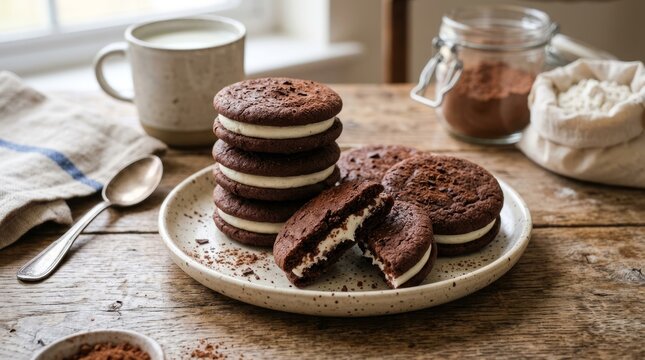 Delicious homemade chocolate cream cookies stacked on a plate with milk and ingredients