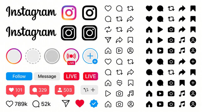2025 Instagram interface UI kit and social media elements for app mockup design template including notification icons like buttons live stream badges story circles logotype and user profile menu.