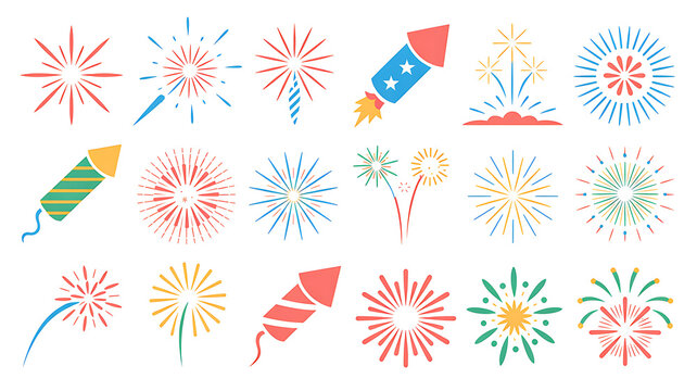 Fire works icon. Firework icon set. Fourth of July celebration symbol, Independence Day design element. Celebration banner elements design for Christmas, New year, Holiday, Anniversary, Party, Diwali 