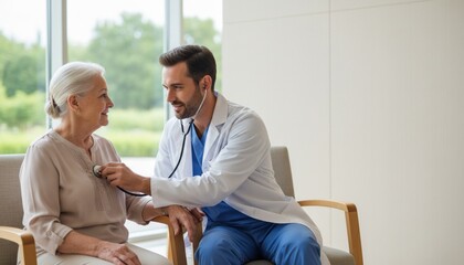Obraz premium Doctor checks heart rate of older woman during appointment in clinic with large window and greenery outside during daytime