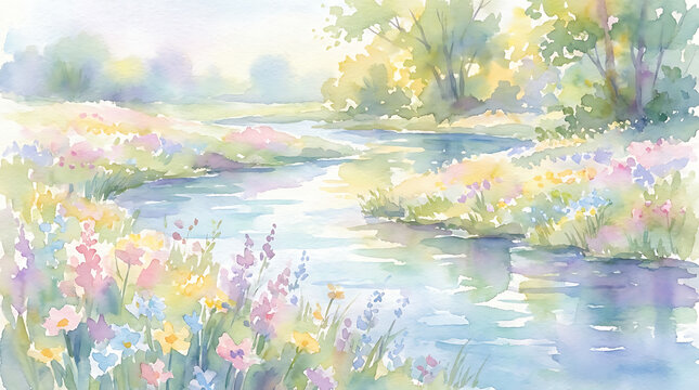 Soft Pastel Watercolor Landscape with River and Wildflower Meadow