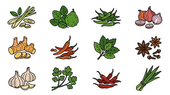 Collection of Asian Herbs and Spices Illustration.