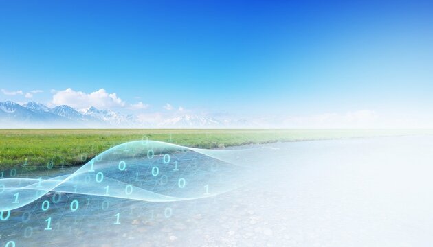 Digital landscape shows flowing water, binary code, and mountains in the background during bright daylight under blue sky
