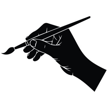 Hand holding paintbrush vector silhouette illustration with line art drawing isolated on white.