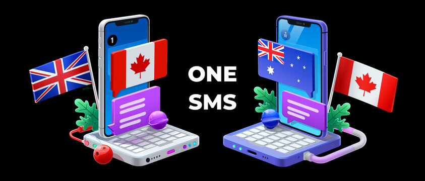 One SMS mobile messaging concept between Canada Australia and United Kingdom on smartphones