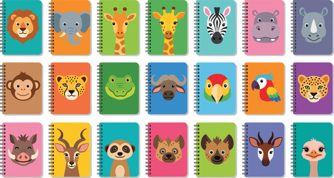 Cute animal face spiral notebooks set with safari and wild creatures