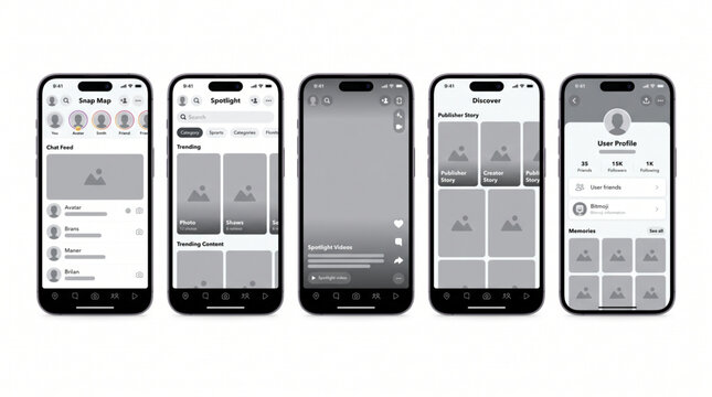 New 2026 Snapchat UI mockup. Social media mobile app interface design. Smartphone screen layout template featuring Snap Map, Spotlight trending feed, Discover stories, user profile, and memories.