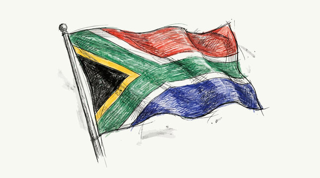 The South African flag waves on a pole outside on a sunny day with vibrant colors.