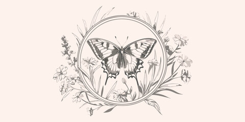 Butterfly And Floral Ornament A Gray Vector Illustration © Tithi