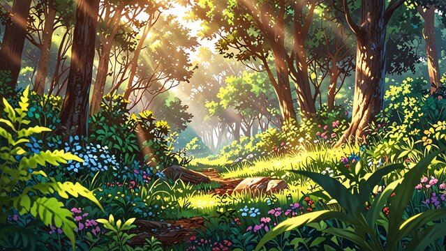 A serene forest path illuminated by golden sunlight filtering through lush green trees, surrounded by vibrant flowers and rich foliage, creating a tranquil and magical atmosphere.