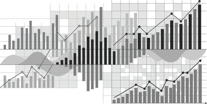 Charts and graphs display multiple data points and trends over a grid background to visualize complex market information.