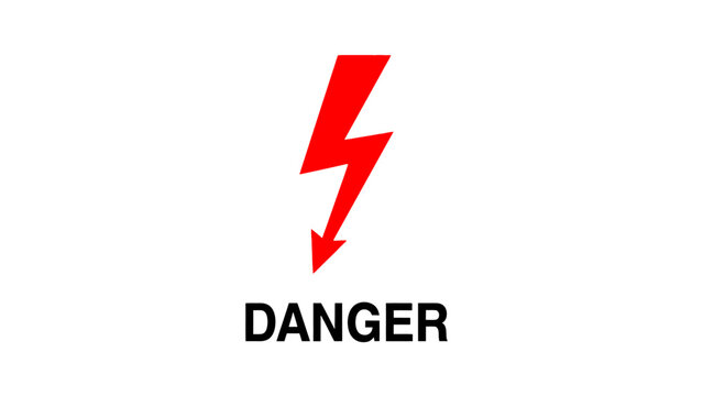 Red lightning bolt danger warning sign on an isolated white background.