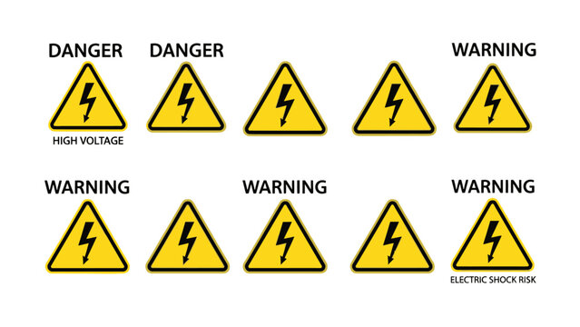 Collection of Electrical Hazard and High Voltage Warning Signs on Isolated White Background