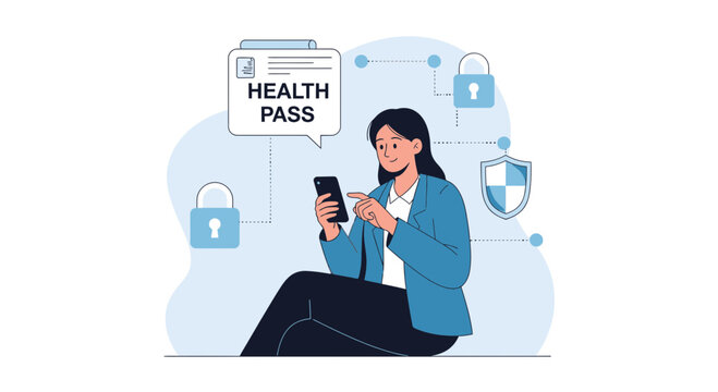 Woman using smartphone for digital health pass verification with security icons, representing travel and public access authorization.