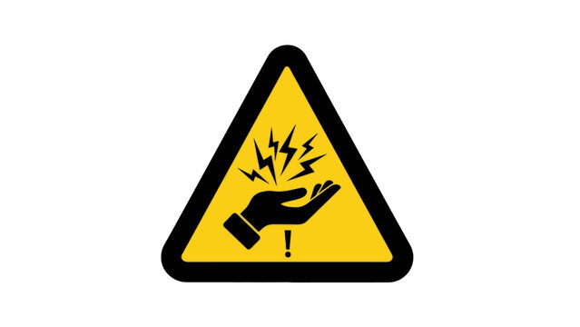 Yellow Triangular Electric Shock Hazard Warning Sign with Hand and Lightning Bolt Symbol on Isolated White Background