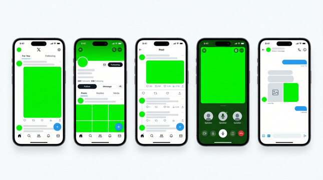 2025 X social media app interface mockup template. Social network mobile UI design on iPhone screen. X feed profile post audio spaces and messaging thread frames. Latest update mobile application UI U