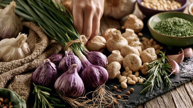 Fresh Garlic, Herbs, and Ginger on Rustic Wooden Tabletop &ndash; The Perfect Natural Ingredients for Healthy Cooking and Flavorful Meals