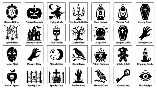 Black and white Halloween icons set.