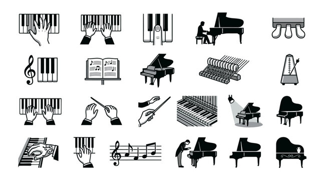 Black and white musical instrument icons.