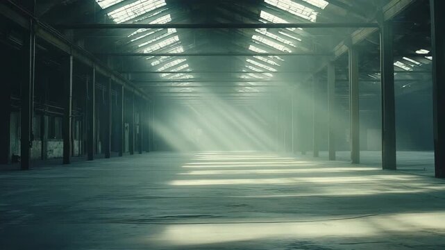 Bright light beams enter a large empty warehouse. The sunlight creates patterns on the floor. The space is open with high ceilings and old structures. Dust particles float in the light
