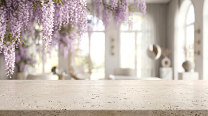 Fototapeta premium Travertine Countertop Mockup Purple Wisteria for Luxury Product Display and Floral Interior Background Presentation