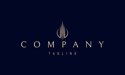 Naklejka premium A vector golden logo featuring an abstract image of a tower formed by sharp columns symbolizing strength, ambition, stability and architectural grandeur.