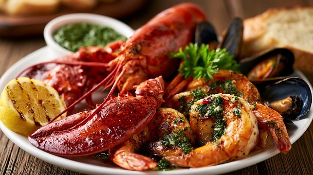 A large red lobster, shrimp, and mussels rested on a plate with lemon, pesto sauce, and bread.