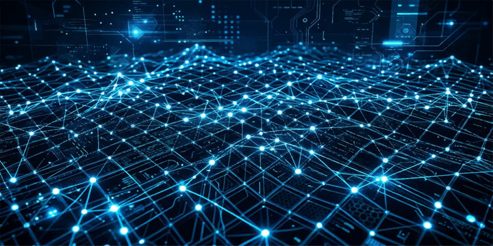 Digital data network landscape with glowing nodes and connections technology landscape connection futuristic internet communication structure information processing engineering infrastructu