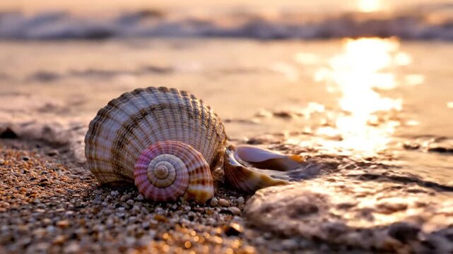 Three beautiful seashells resting on a sandy beach at sunset