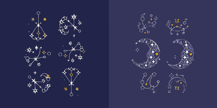 Zodiac Constellation Symbols Botanical Style Vector Illustration