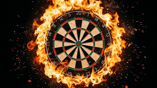 Dartboard surrounded by intense flames and sparks on a dark background