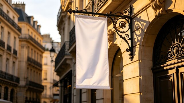 Blank vertical white banner mockup on a street light pole near classical arcades and historic pillars in bright sunshine. Empty outdoor advertising flag template for print ad commercial marketing.