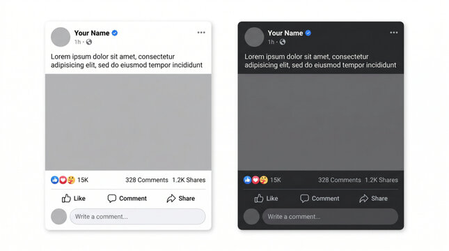 Social media feed post mockup interface design featuring light and dark mode themes. 2026 update layout with engagement icons, placeholder profile, and reaction buttons for mobile app UI ux frame.